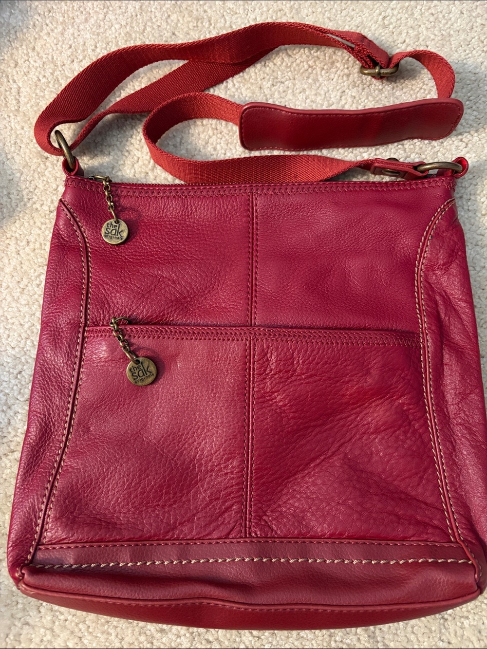 The Sak Red Pebbled Leather Adjustable Crossbody/Shoulder Bag